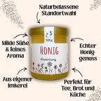 Akazienhonig 500 g im Glas von Imkerei Blütenstolz mit Vorderansicht und Produktmerkmalen