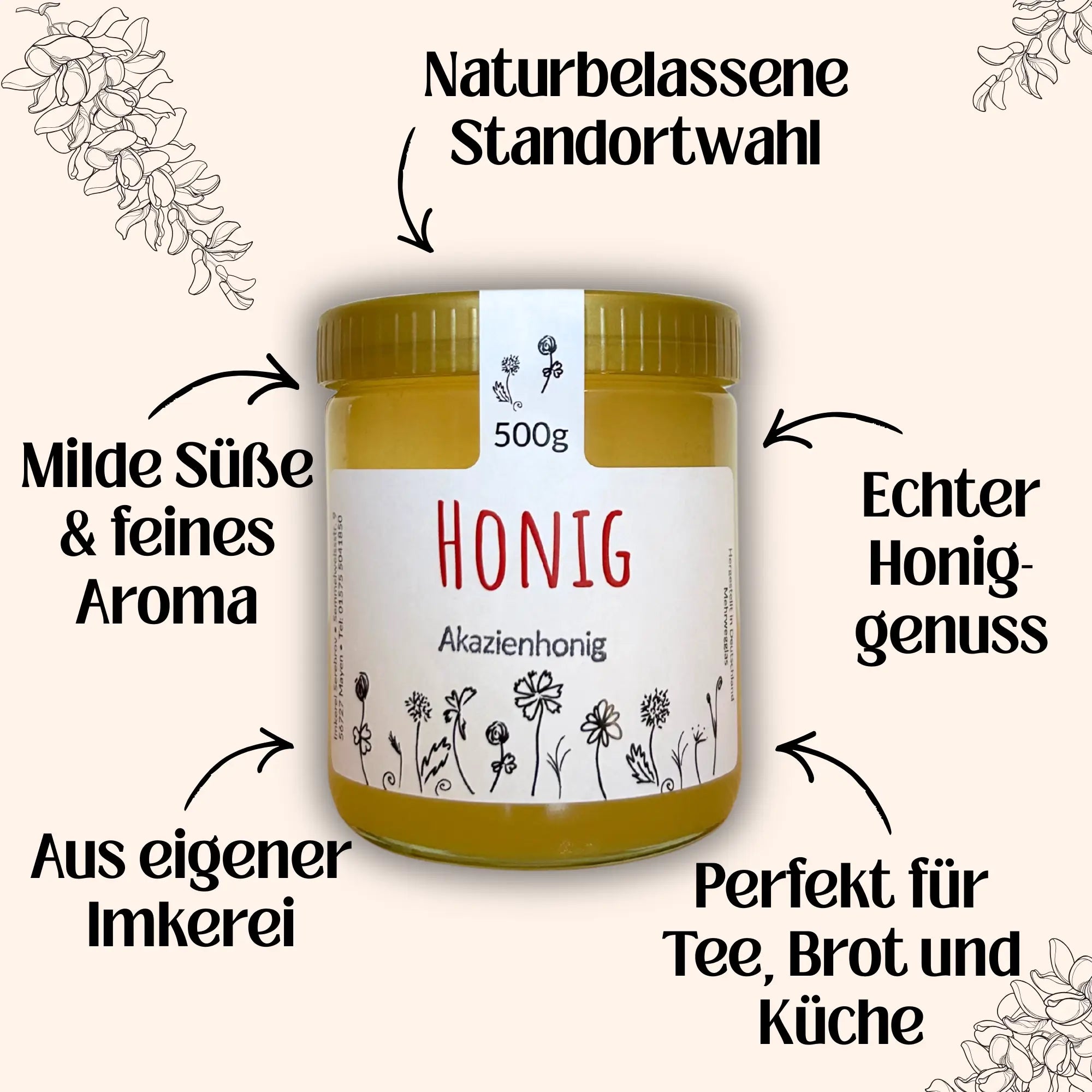 Akazienhonig 500 g im Glas von Imkerei Blütenstolz mit Vorderansicht und Produktmerkmalen