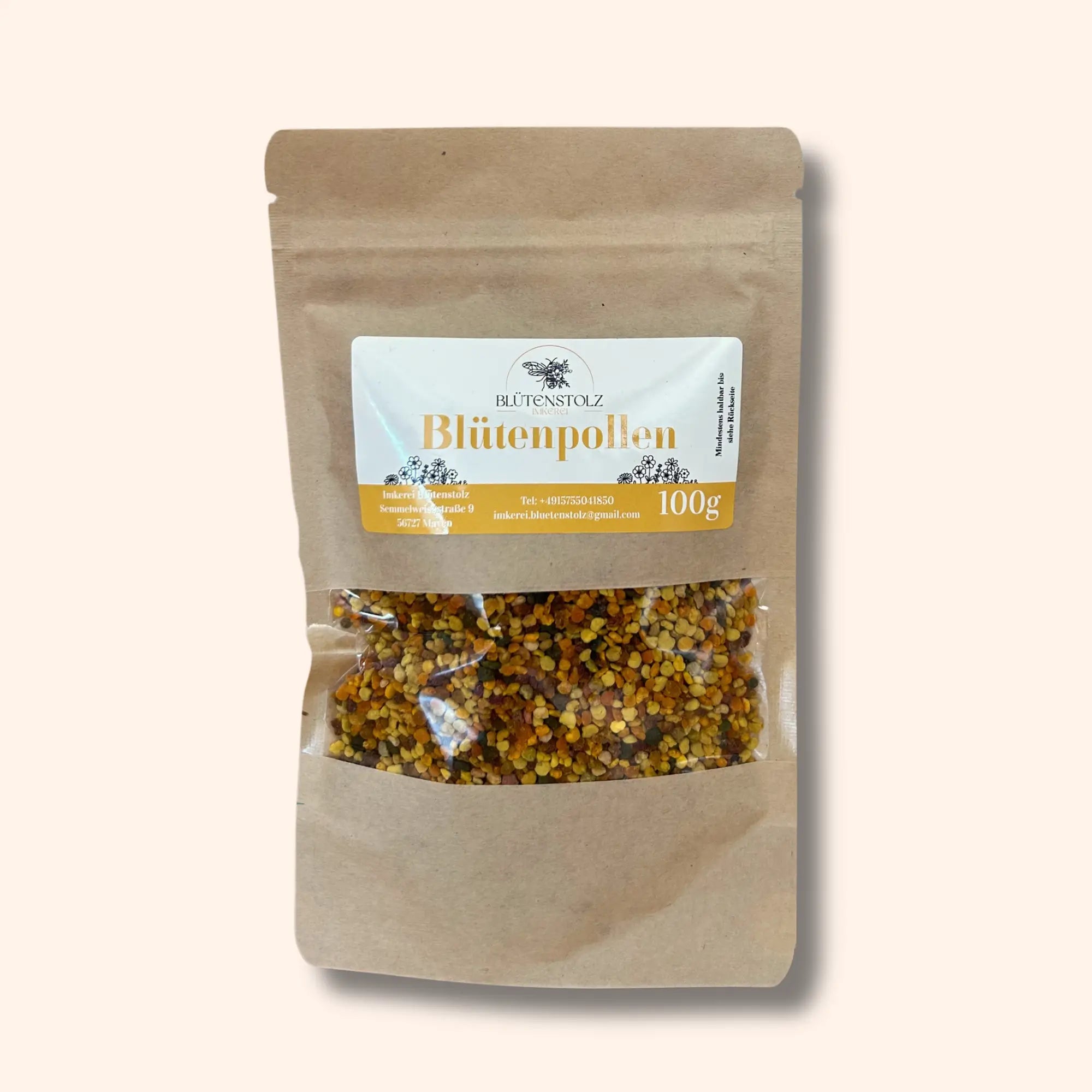 Blütenpollen 100 g von Imkerei Blütenstolz im braunen Standbeutel mit Sichtfenster als natürliche Nährstoffquelle