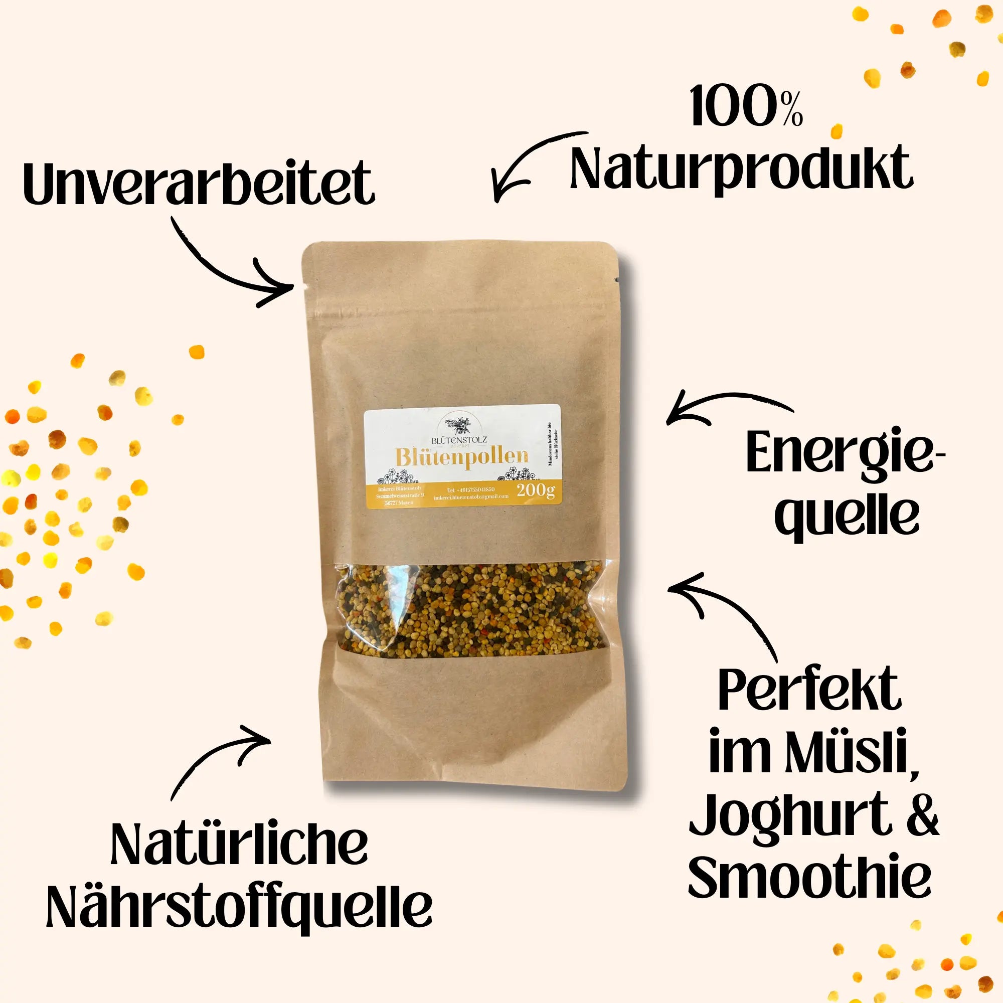 Blütenpollen 200 g von Imkerei Blütenstolz im braunen Standbeutel mit Sichtfenster als natürliche Nährstoffquelle