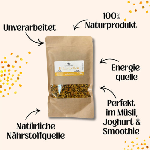 Blütenpollen 200 g von Imkerei Blütenstolz im braunen Standbeutel mit Sichtfenster als natürliche Nährstoffquelle