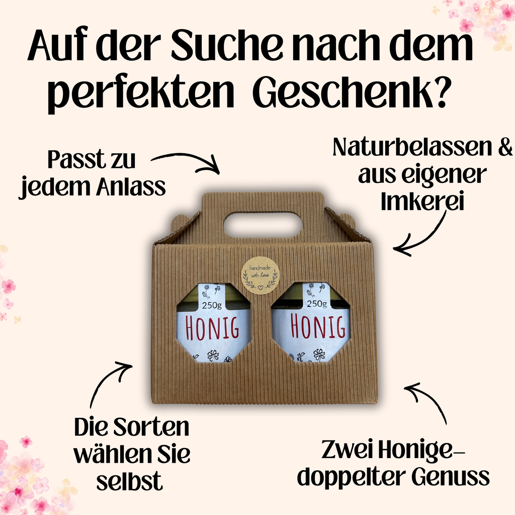 Geschenkset mit 2 x 250 g Honig von Imkerei Blütenstolz, Sorte frei wählbar, Vorderseite
