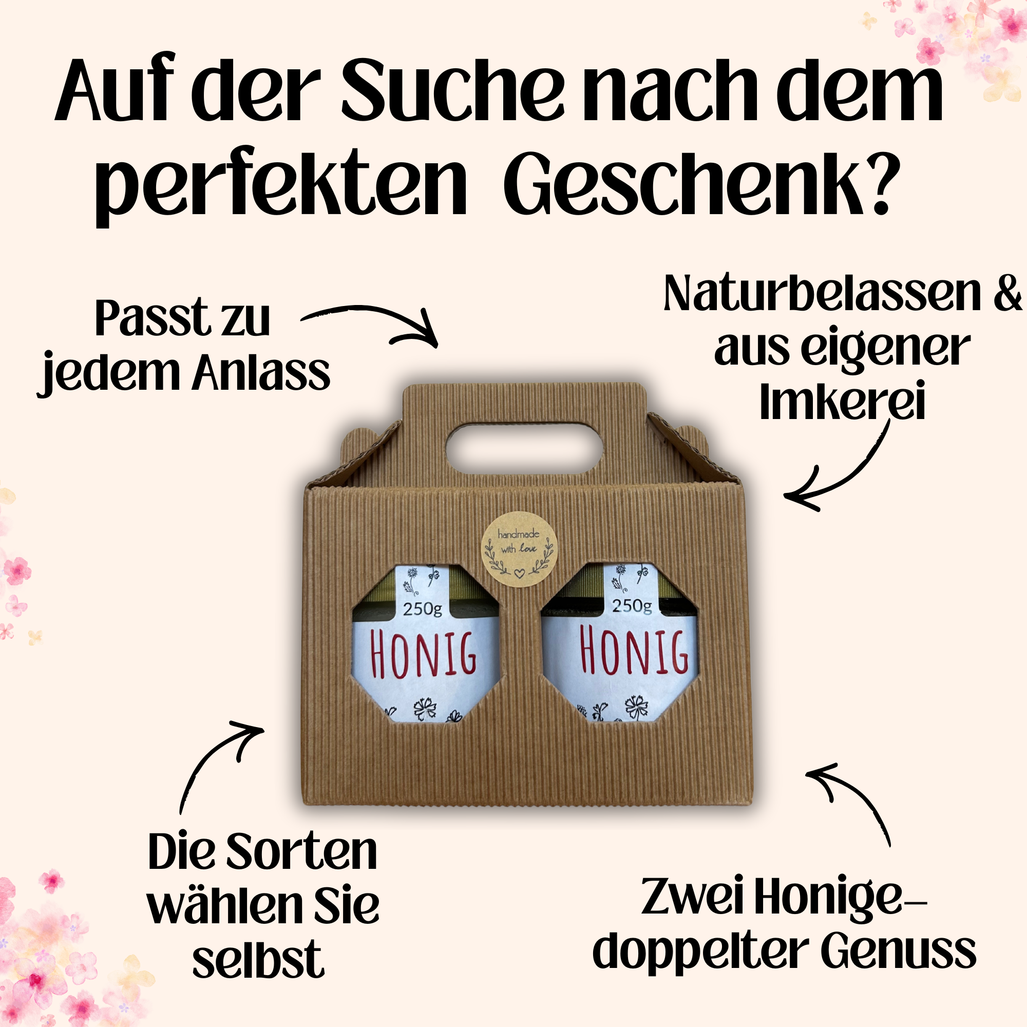 Geschenkset mit 2 x 250 g Honig von Imkerei Blütenstolz, Sorte frei wählbar, Vorderseite