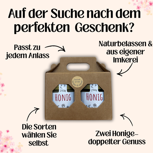 Geschenkset mit 2 x 250 g Honig von Imkerei Blütenstolz, Sorte frei wählbar, Vorderseite