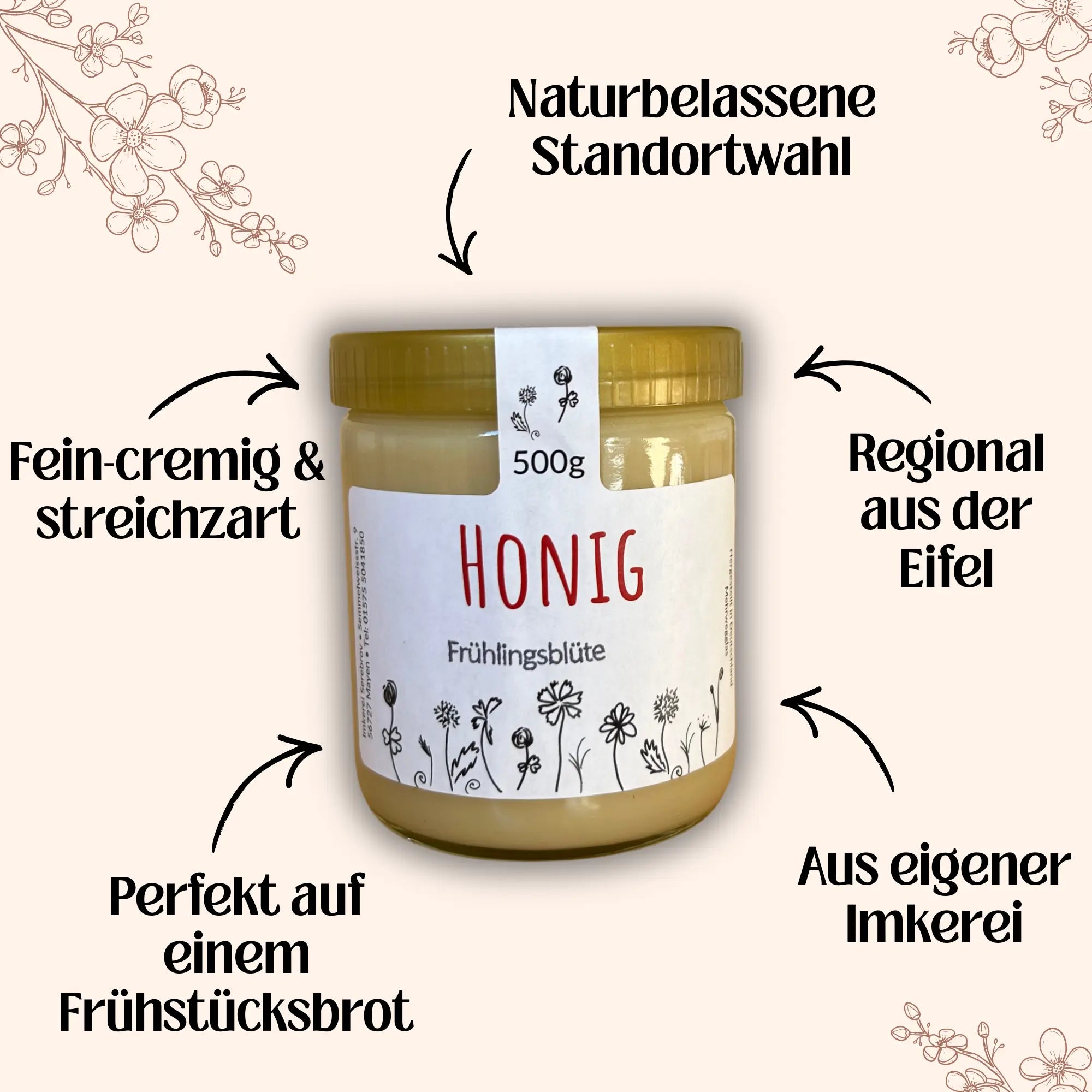 Frühlingsblütenhonig 500 g im Glas von Imkerei Blütenstolz, fein-cremig, aus der Eifel