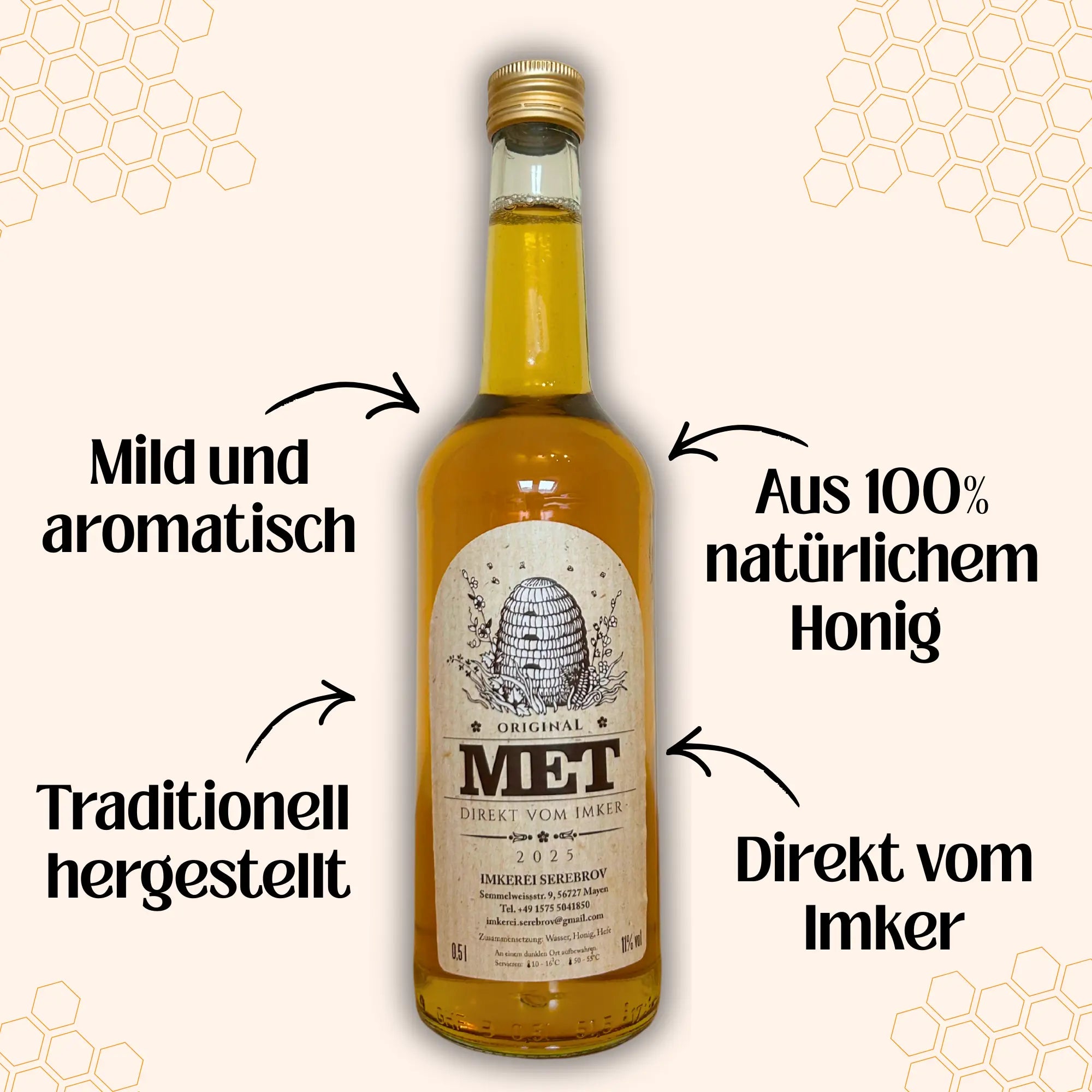 Honigwein Met lieblich 500 ml von Imkerei Blütenstolz, Vorderseite, direkt vom Imker, traditionell hergestellt