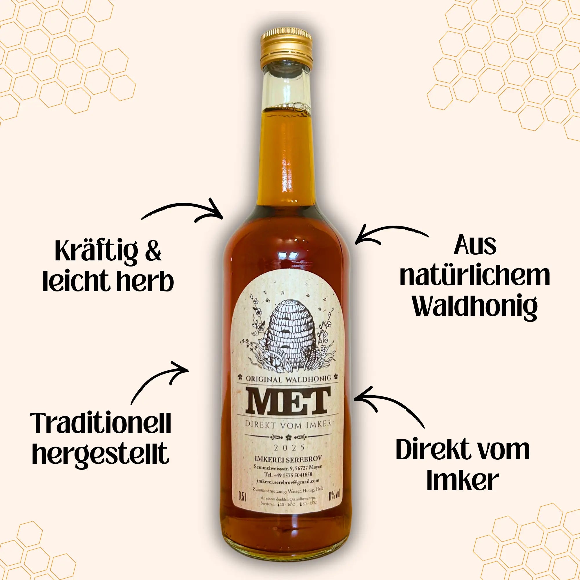 Honigwein Met aus Waldhonig 500 ml von Imkerei Blütenstolz, Vorderseite, kräftig und leicht herb