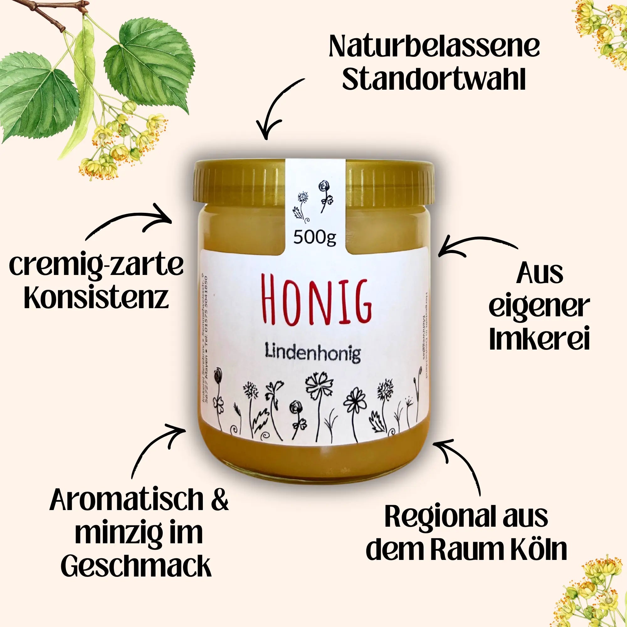 Deutscher Lindenhonig 500 g im Glas von Imkerei Blütenstolz, cremig, aromatisch & Minzig, regional, aus eigener Imkerei