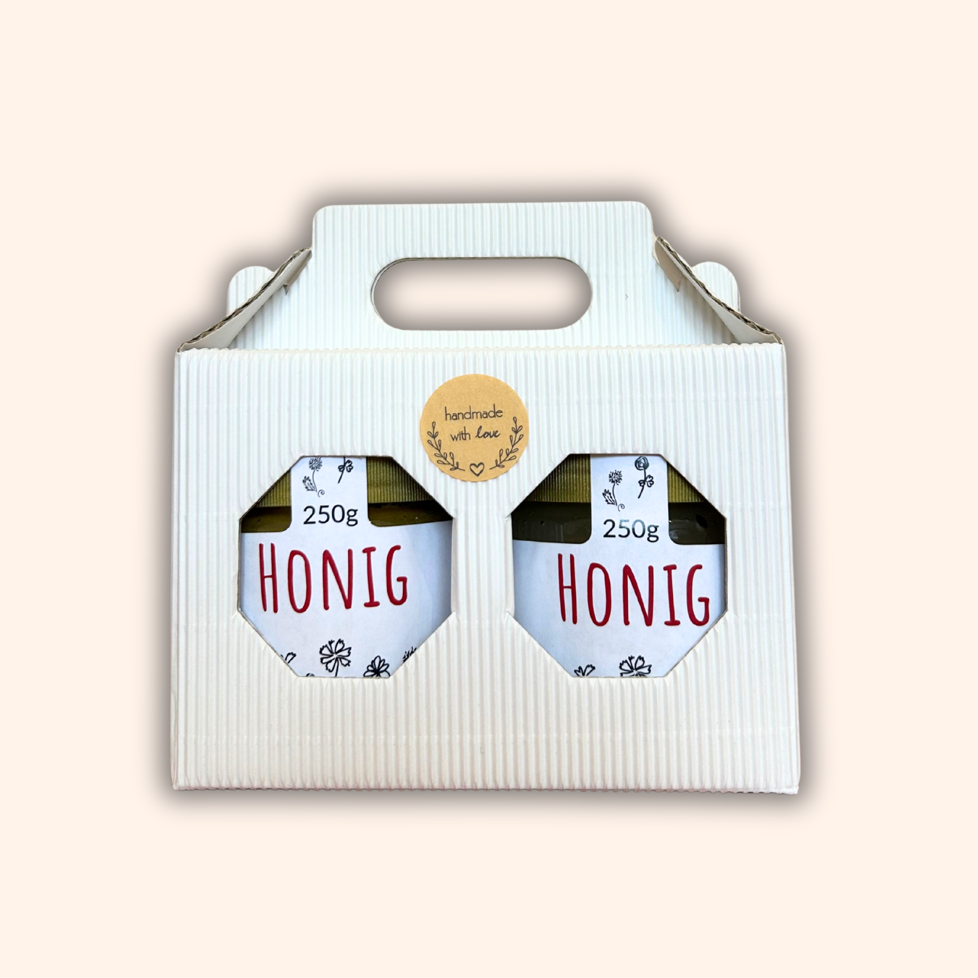 weißes Geschenkset mit 2 x 250 g Honig von Imkerei Blütenstolz, Vorderseite