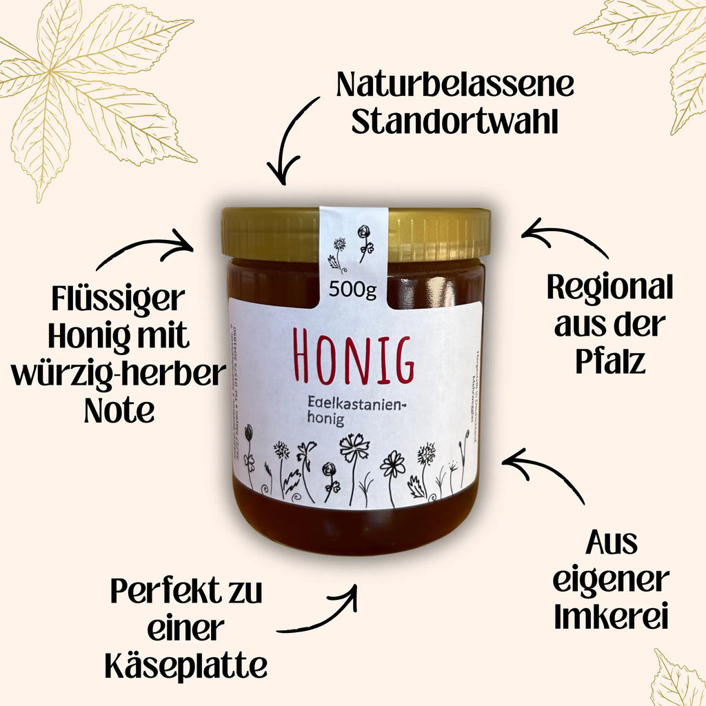 Edelkastanienhonig 500 g im Glas von Imkerei Blütenstolz, Vorderseite, aus der Pfalz, würzig-herb