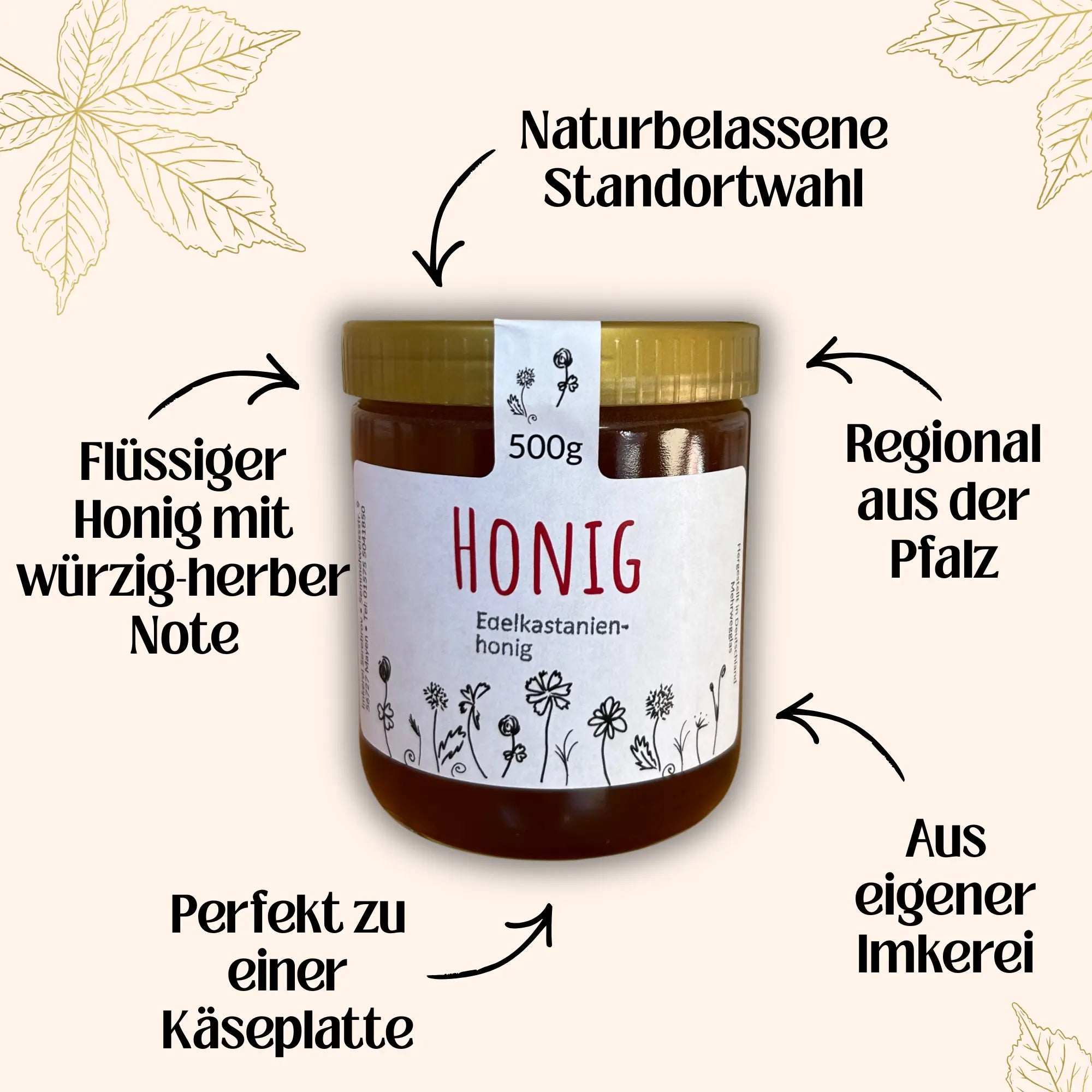 Edelkastanienhonig 500 g im Glas von Imkerei Blütenstolz, Vorderseite, aus der Pfalz, würzig-herb